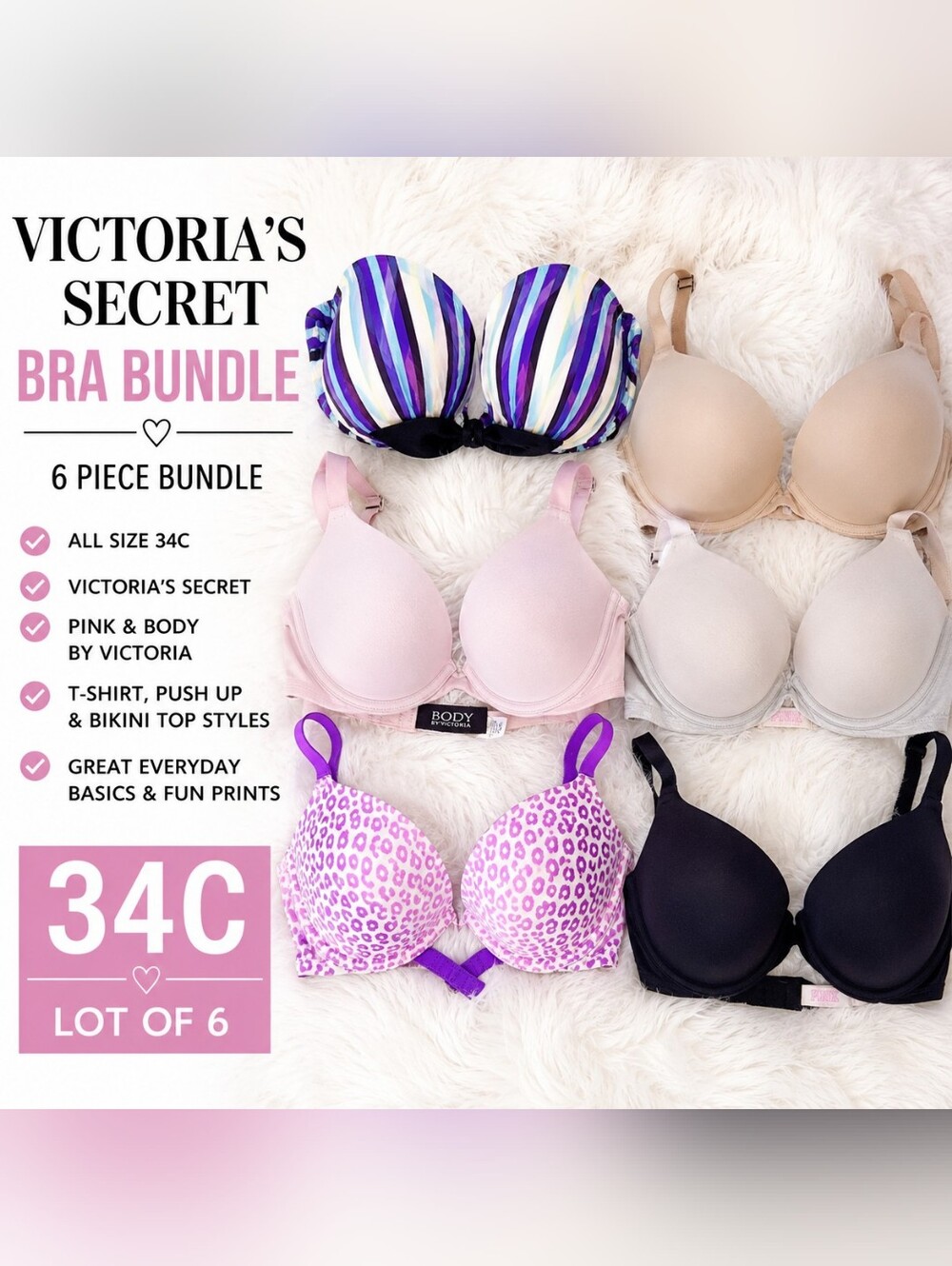 Victorias Secret PINK Bra Bundle 34C T-Shirt Push Up Bikini Top Lot of 6